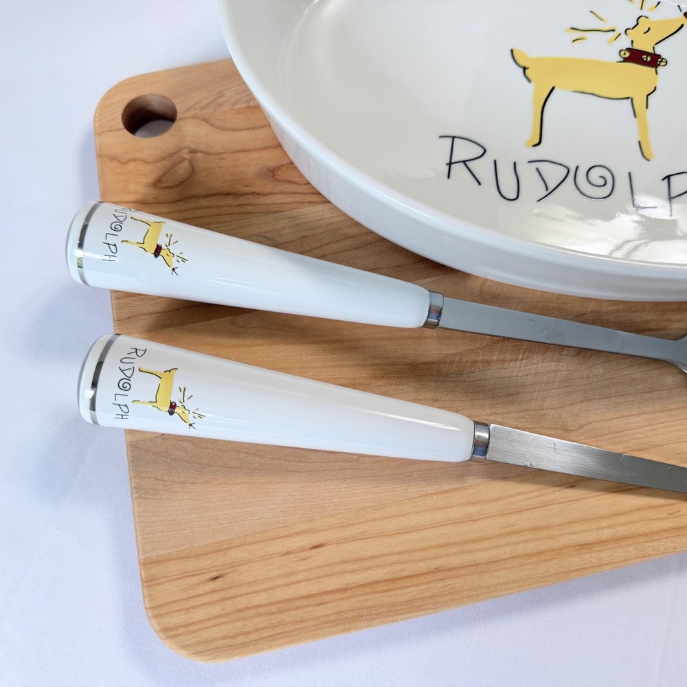 Pottery Barn Reindeer Rudolph Serving Set White Holiday Bowl and Utensils - Picture 4 of 15
